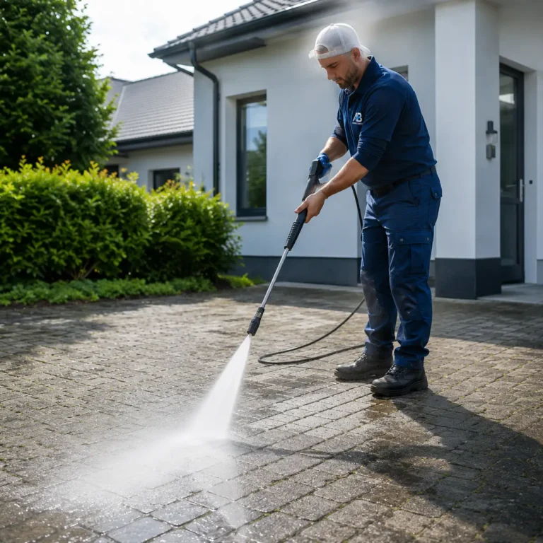 Pflasterreinigung und Steinreinigung für Einfahrt, Parkplatz von einer Fachfirma aus Augsburg mit Hochdruck Reiniger